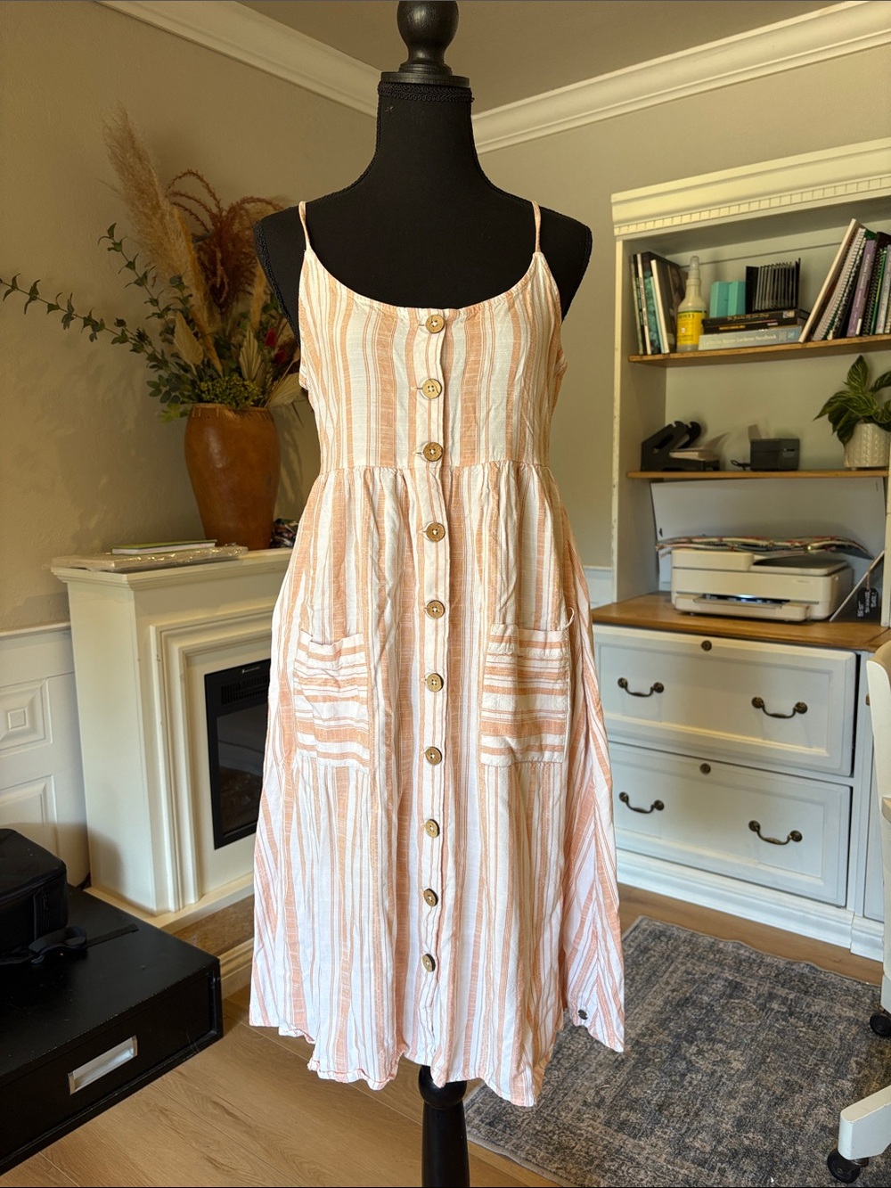 Roxy Peach and White Striped Midi Button-Front Dress